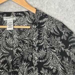 Catherines Button-Up Roll-Tab Sleeves Blouse Top-Black and White Print-Women 3X